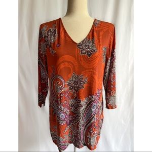 Chico’s Rust Orange Floral Designed 3/4-Length Sleeve Loose Top - Size 1